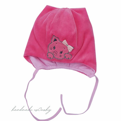 winter baby hats  dark pink cream velour soft baby girl bonnet kitten evcushy