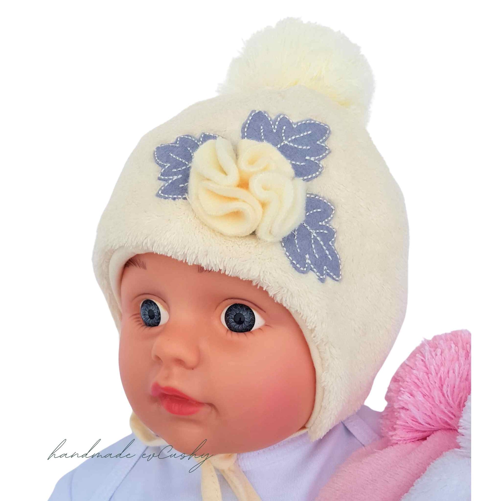 winter hat for baby 0-6 months cream colour  fleece with pom-pom evcushy