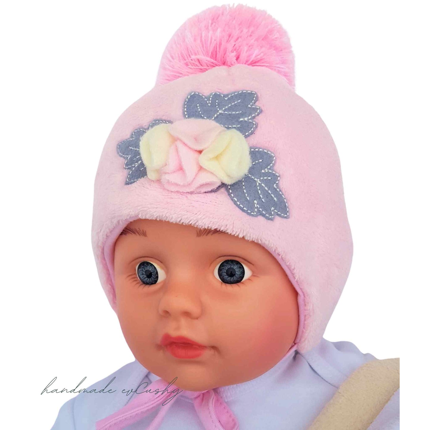 Flower Baby Girl's Winter Hat: Cozy Elegance in Pink, Cream, and White