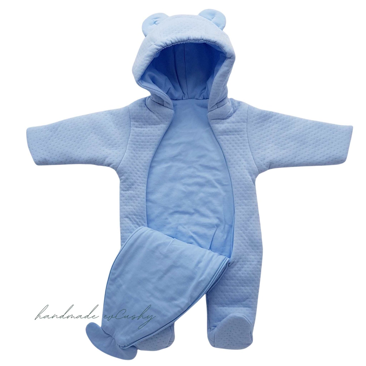 baby warm pram suit blue with hood with little teddy ears