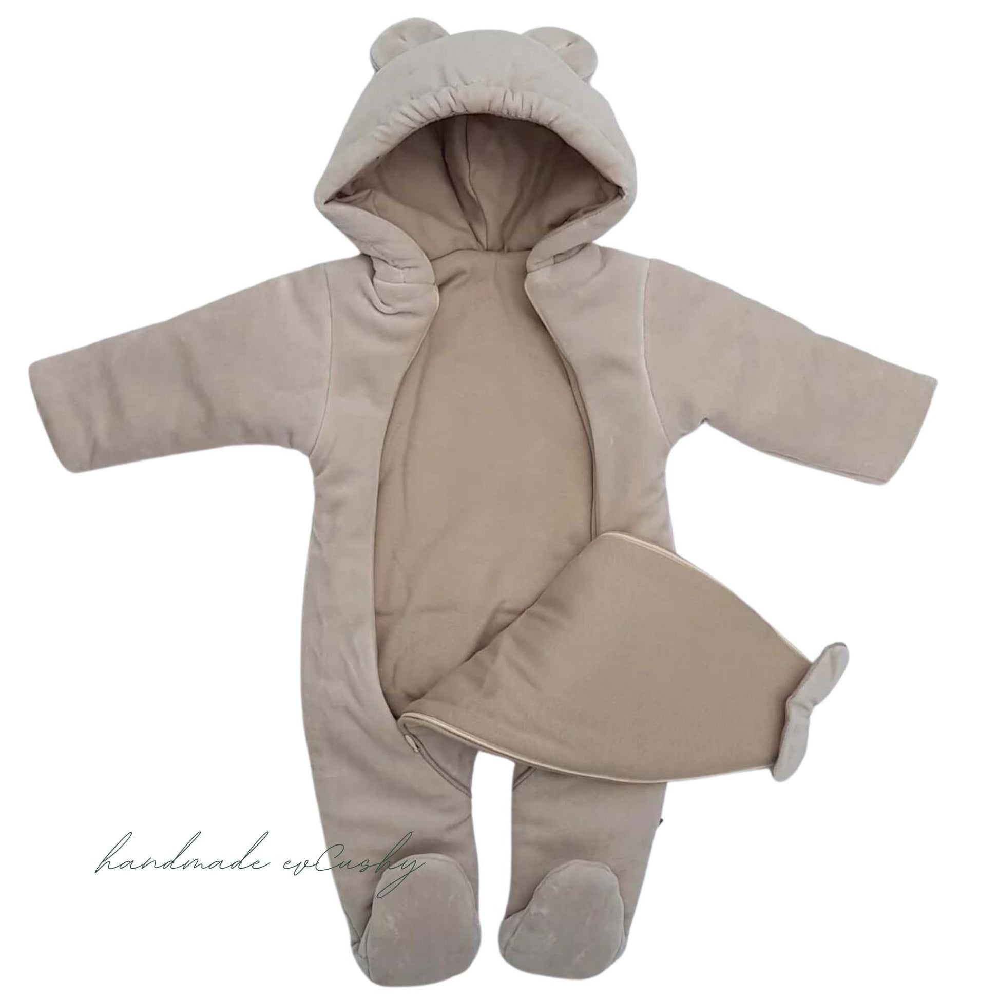 cosy baby winter suit for pram buggie with two zips all down with warm hood and teddy material