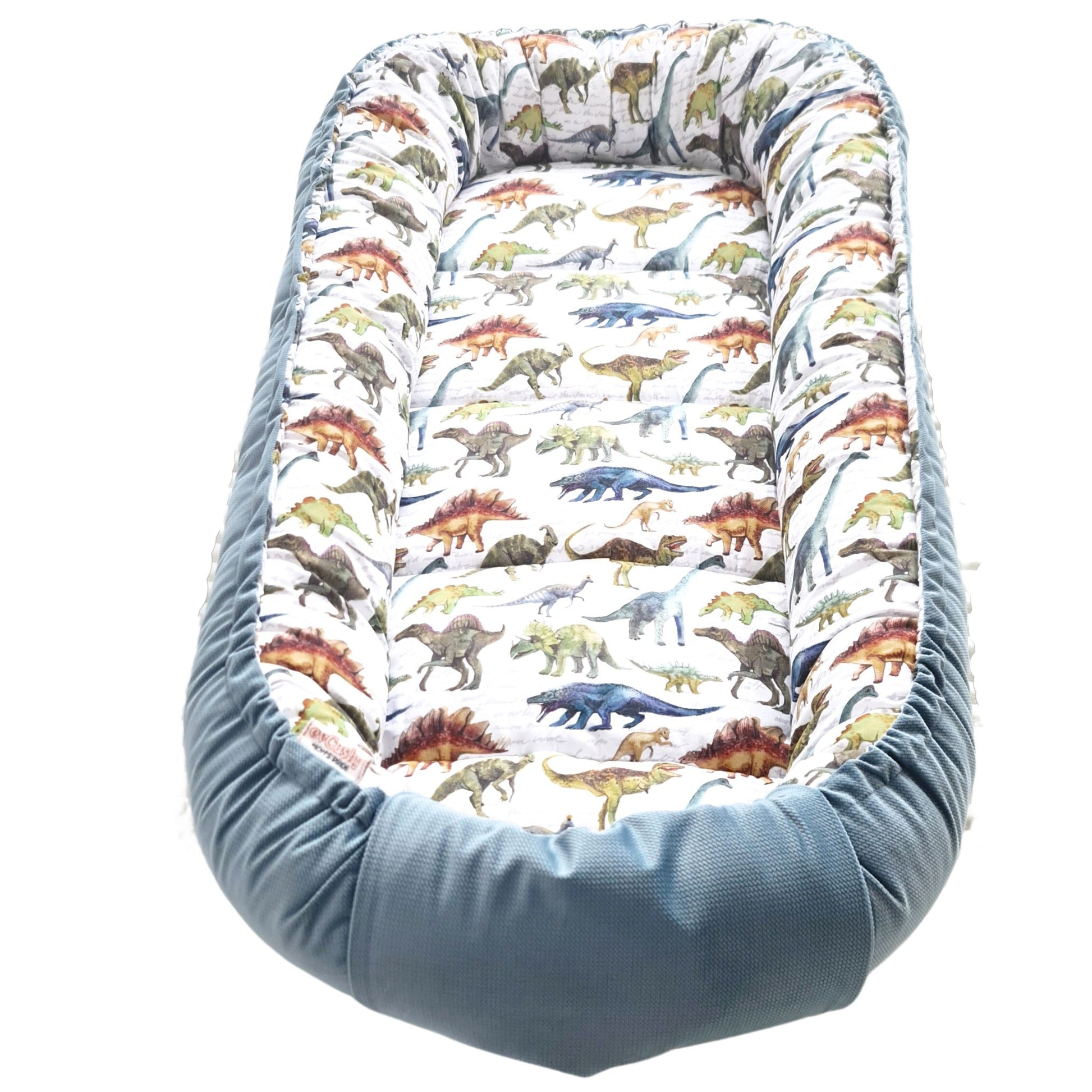 baby nest sleeping pod for toddlers XXl size dinosours pattern  sage green velvet on the bottom