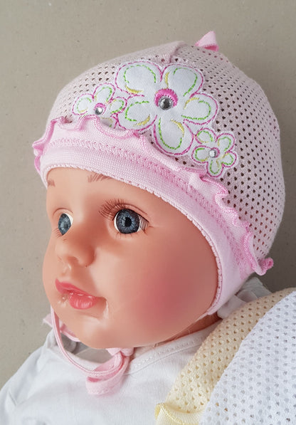 Mesh baby girl summer hats in white, cream and pink