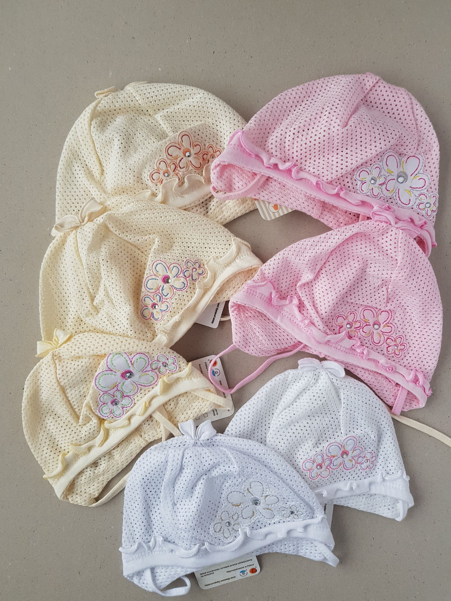 Mesh baby girl summer hats in white, cream and pink