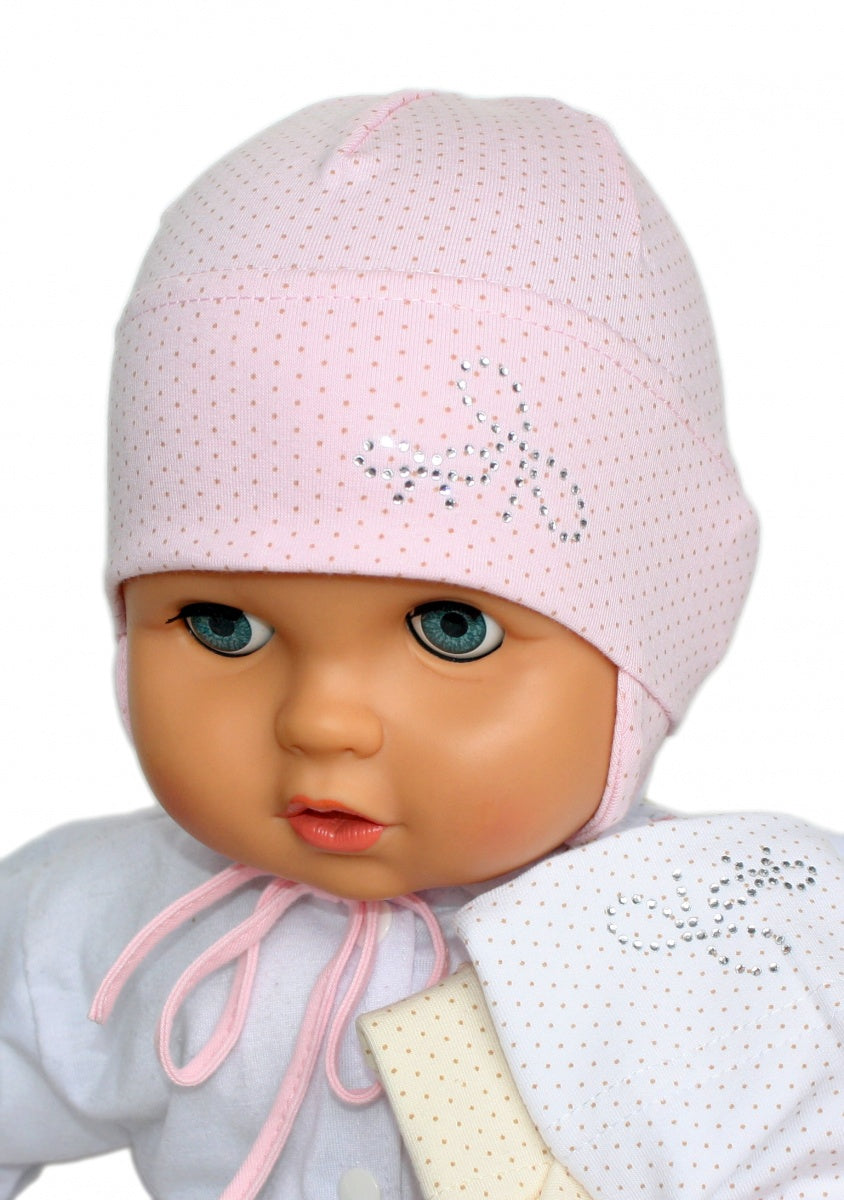 Baby girl polka dot hat with studs pink cream white