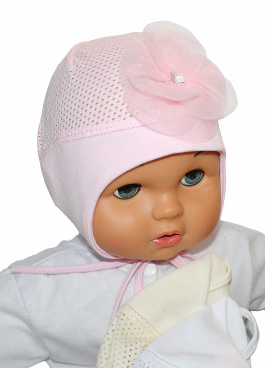 Girl mesh hat with strings- cute flower white,cream,pink