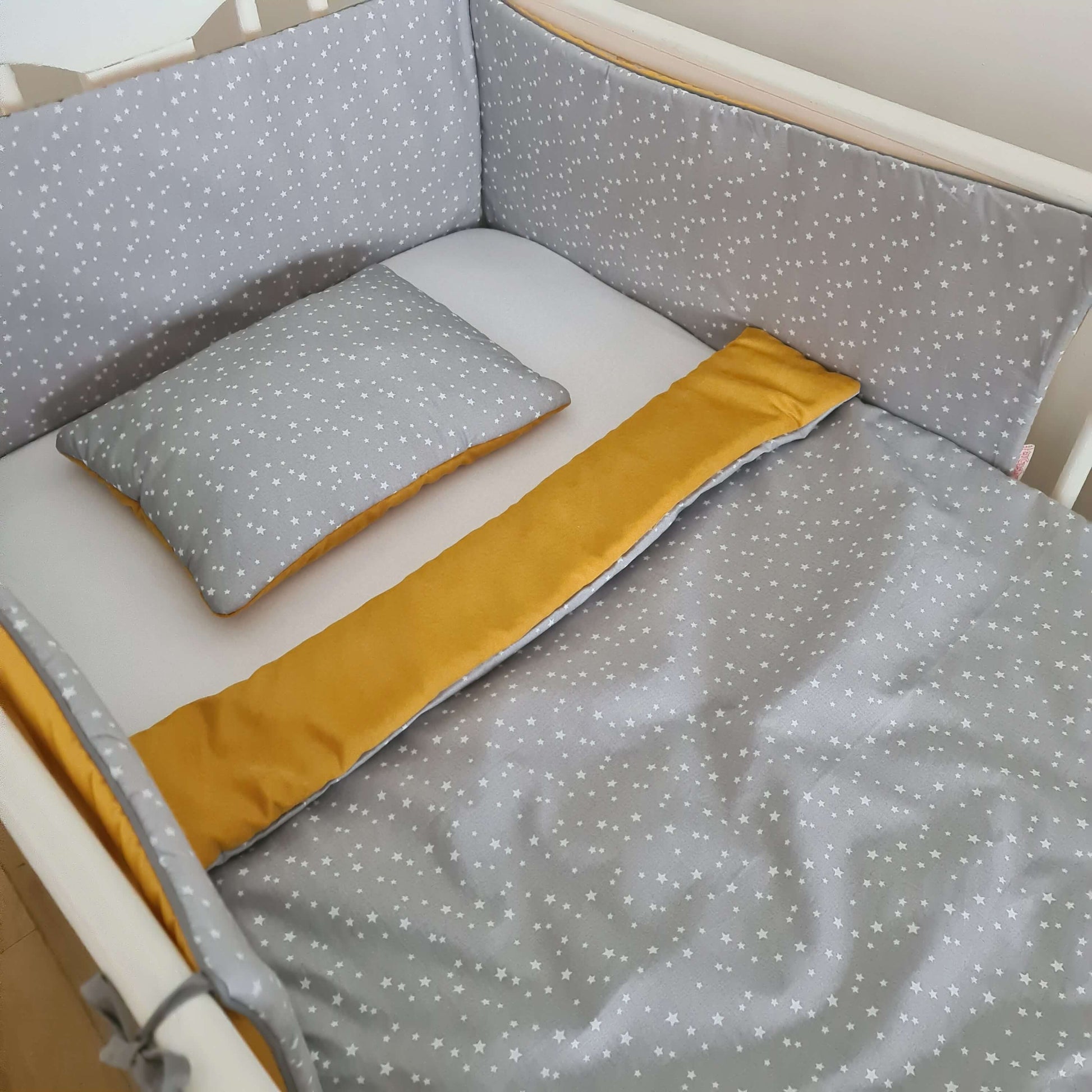 cot bedding set bumper blanket and pillow in mustard and grey