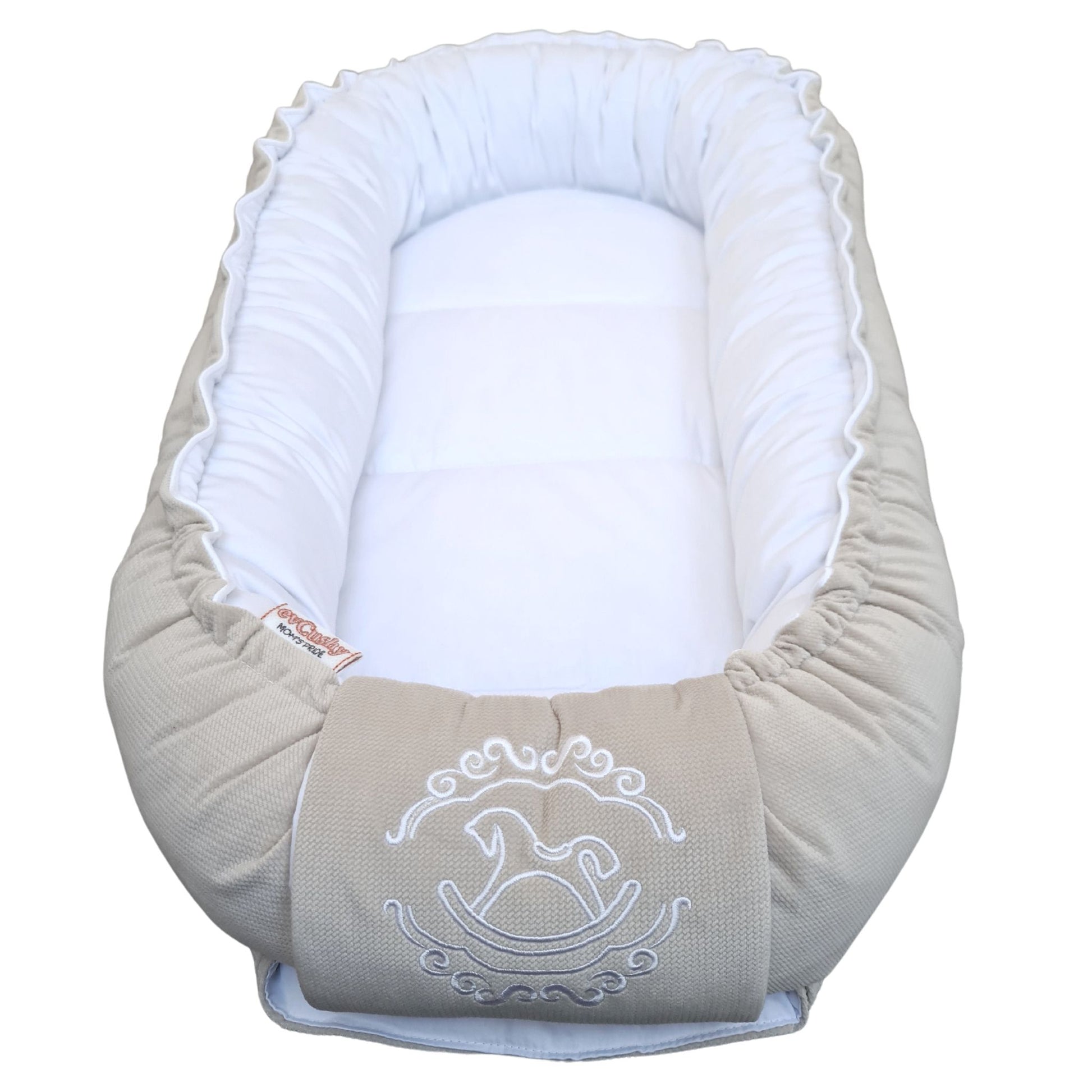 Baby nest sleep pod lounger beige velvet white cotton with rocking horse