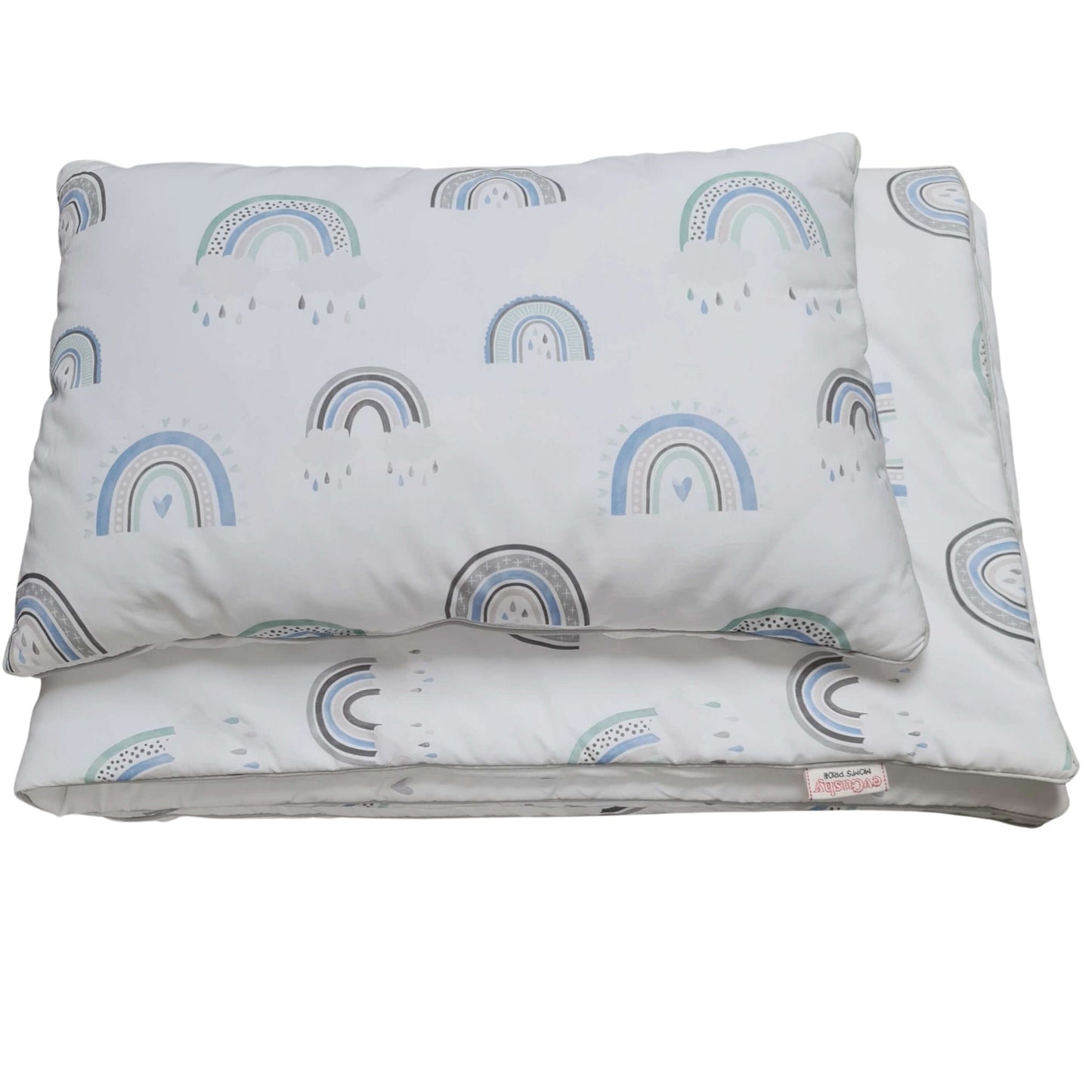 Children Quilt & Pillow Set plus cot bed bumper- Blue rainbows