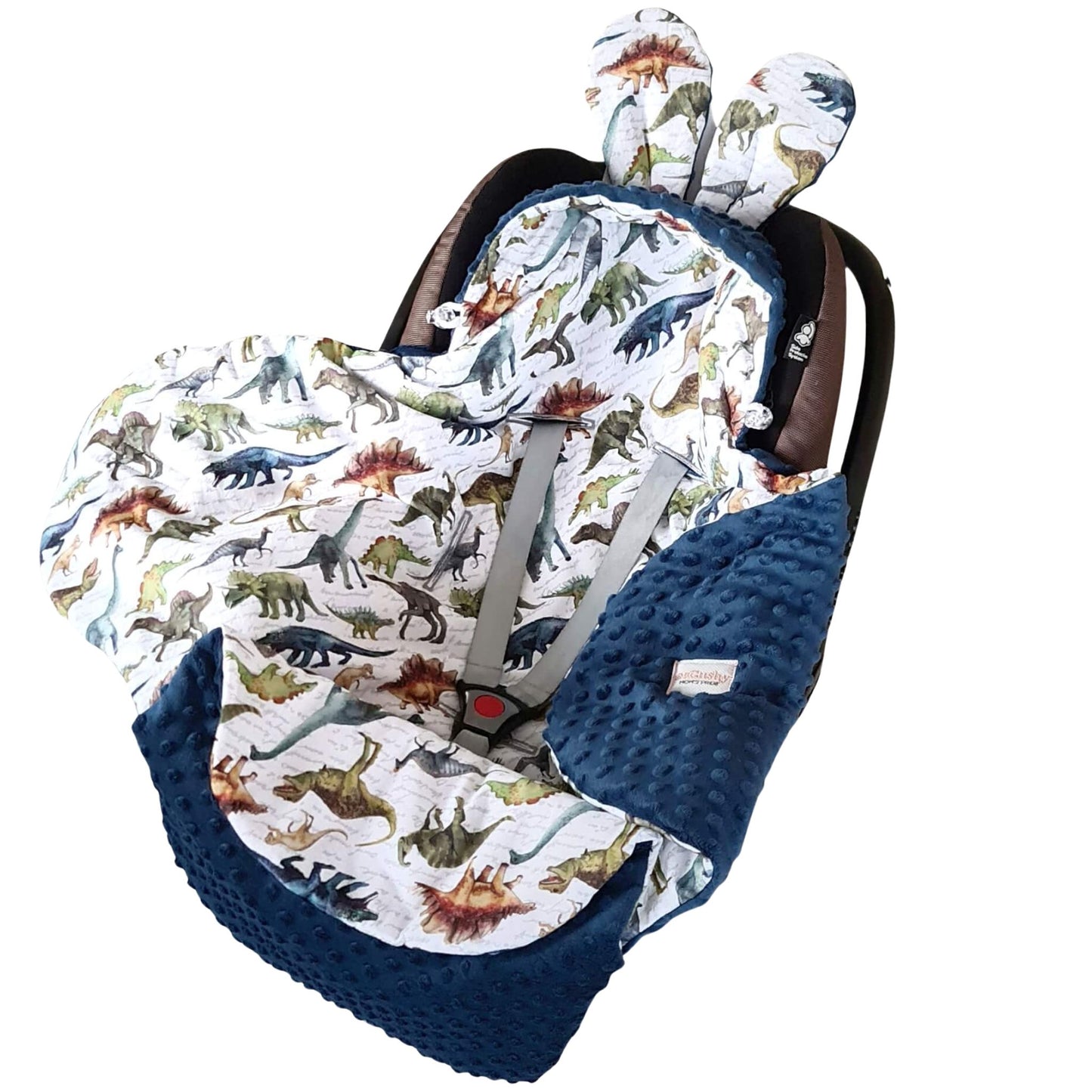 baby car seat blanket with hood navy blue with dinosaurs pattern