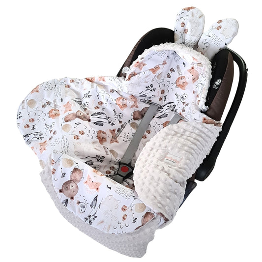 Car Seat Swaddle Blanket - Playful  Forest Friends and Cozy Grey Fleece