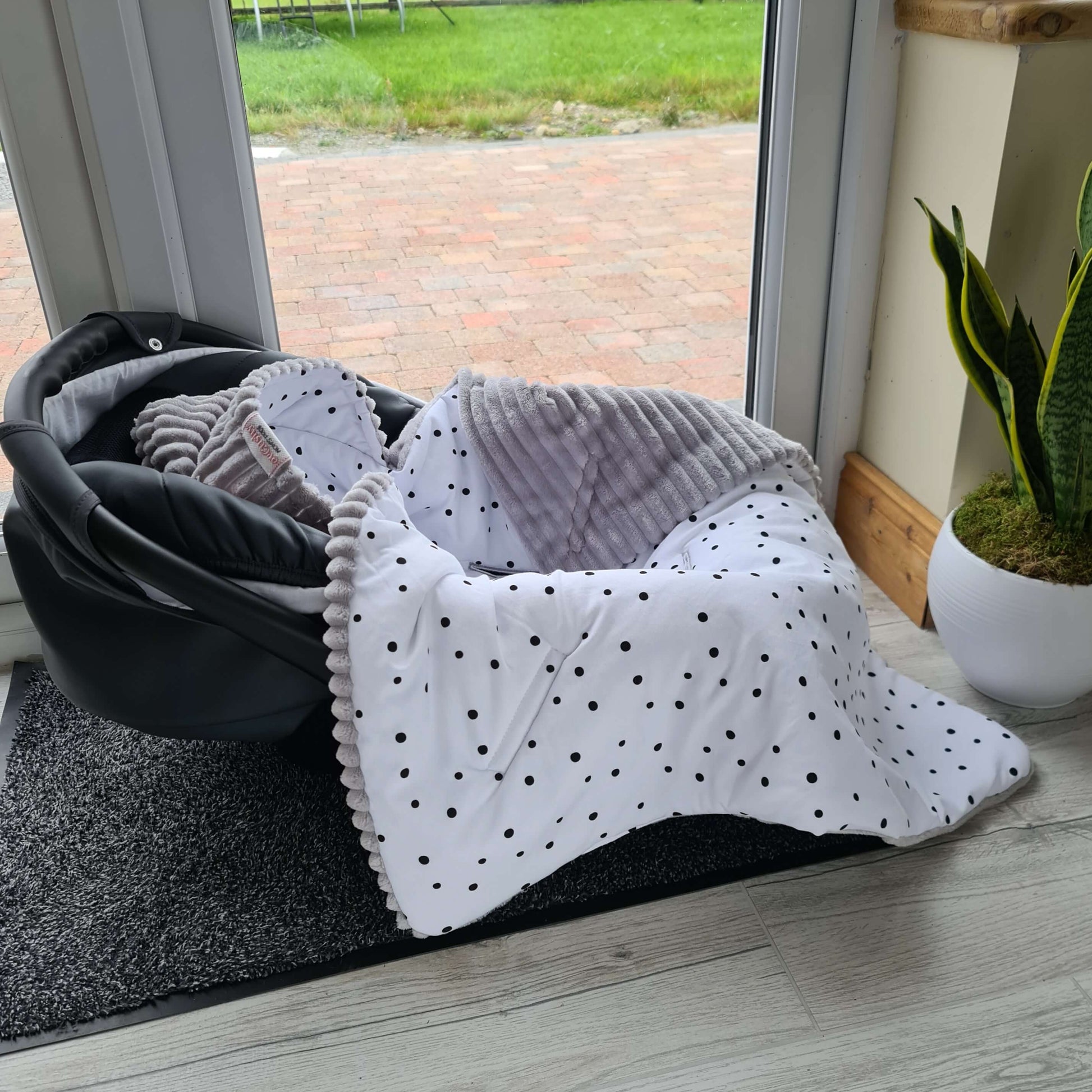 car seat blanket for infants grey cosy fleece and polka dot pattern soft 100% cotton