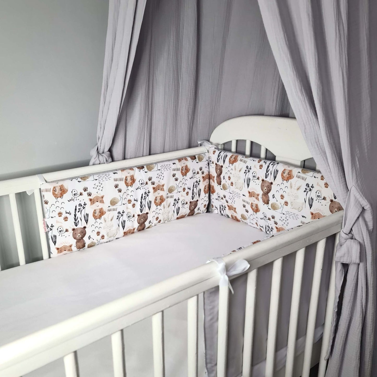 beige and grey cotton bumpers for baby bed forest animals 