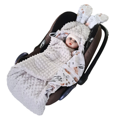 Car Seat Swaddle Blanket - Playful  Forest Friends and Cozy Grey Fleece