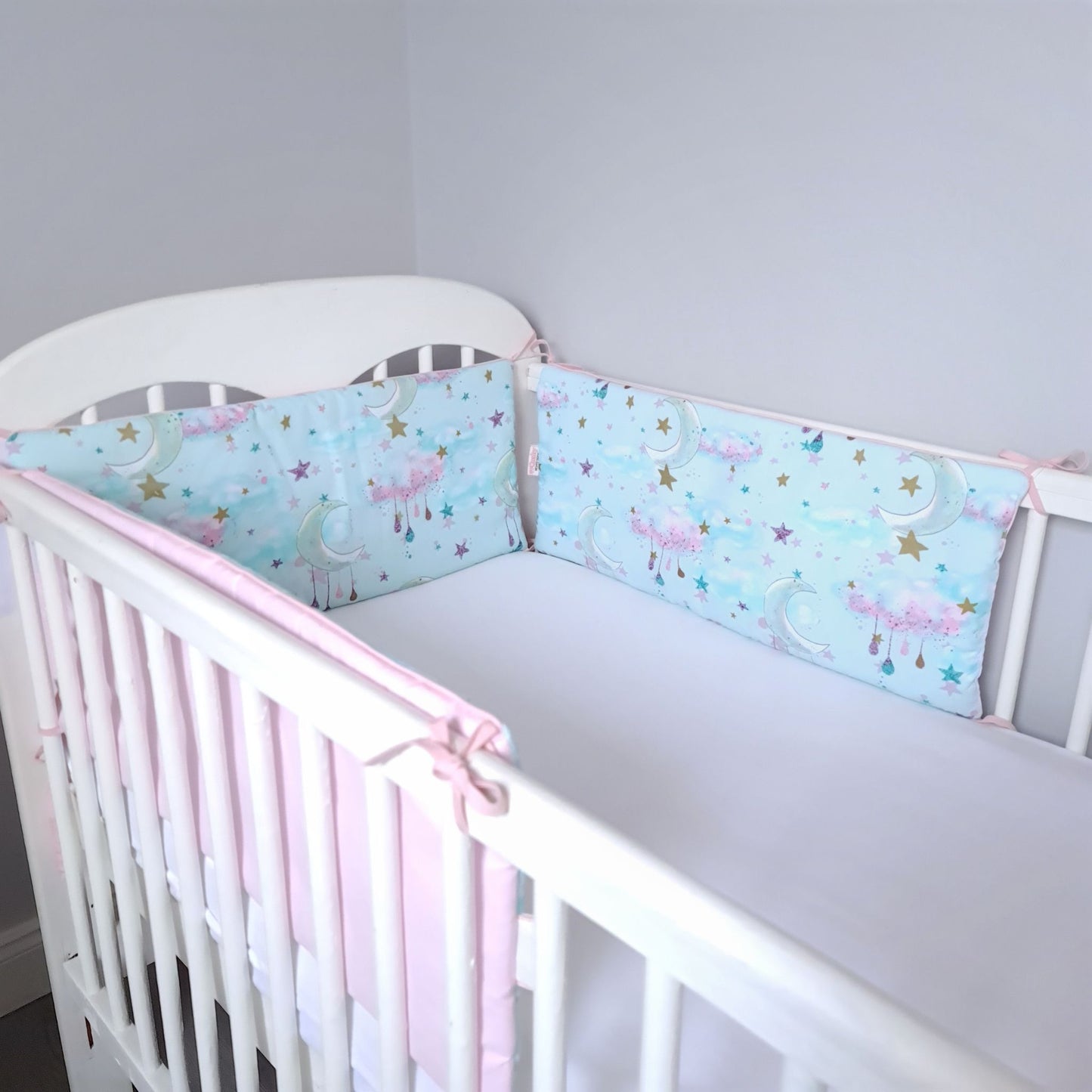 baby cot bumper protectors for cot bed pink and mint moons clouds