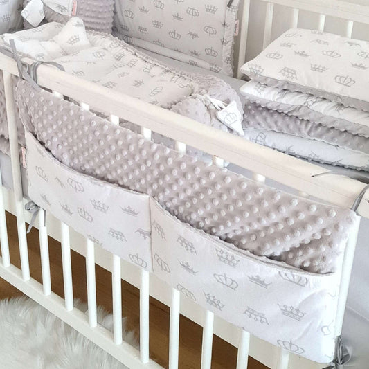 evcushy cot organizers pouches for cot bed for children white and grey cotton