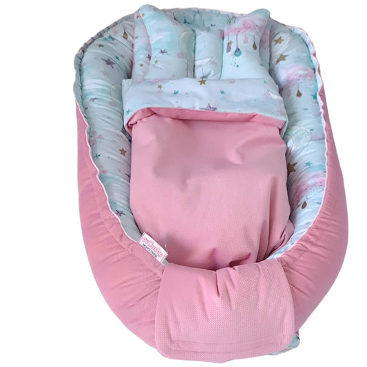 evcushy baby nest with liner blanket and pillow for baby Pink with mint moons and clouds pattern