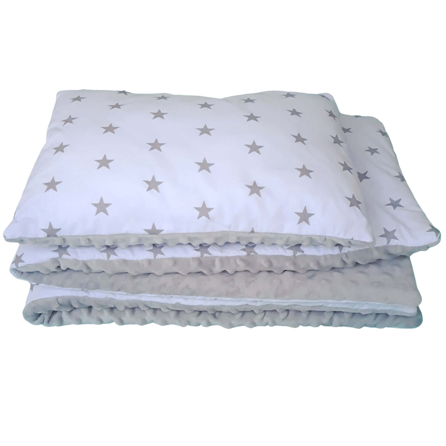 blanket and pillow for baby crib white cotton grey stars pattern and grey cosy fleece