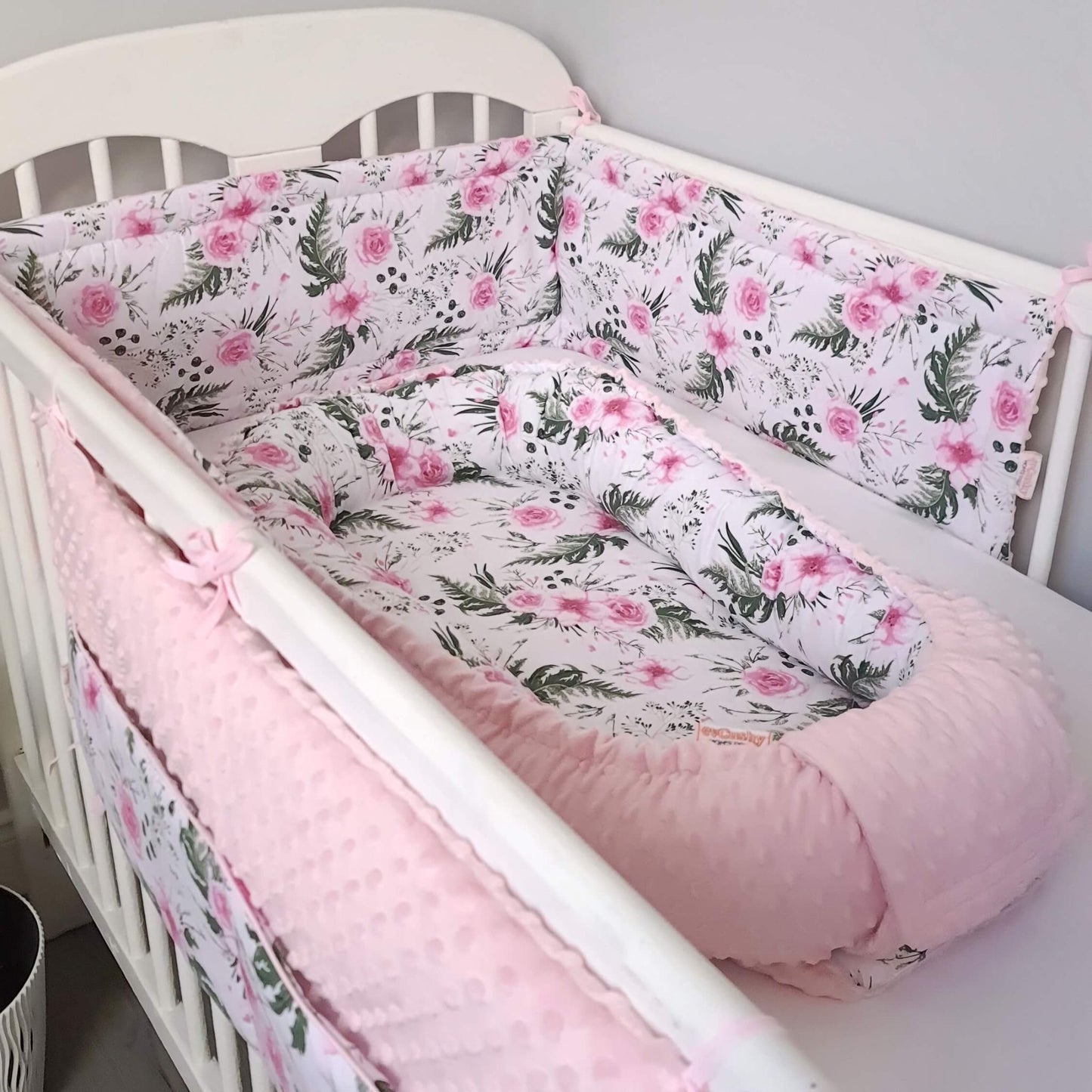 wvcushy baby nest cot bumper cot organizer pink fleece minki fabric roses pattern