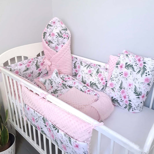 pink baby girl gift set roses pattern cosy minki fleece fabric