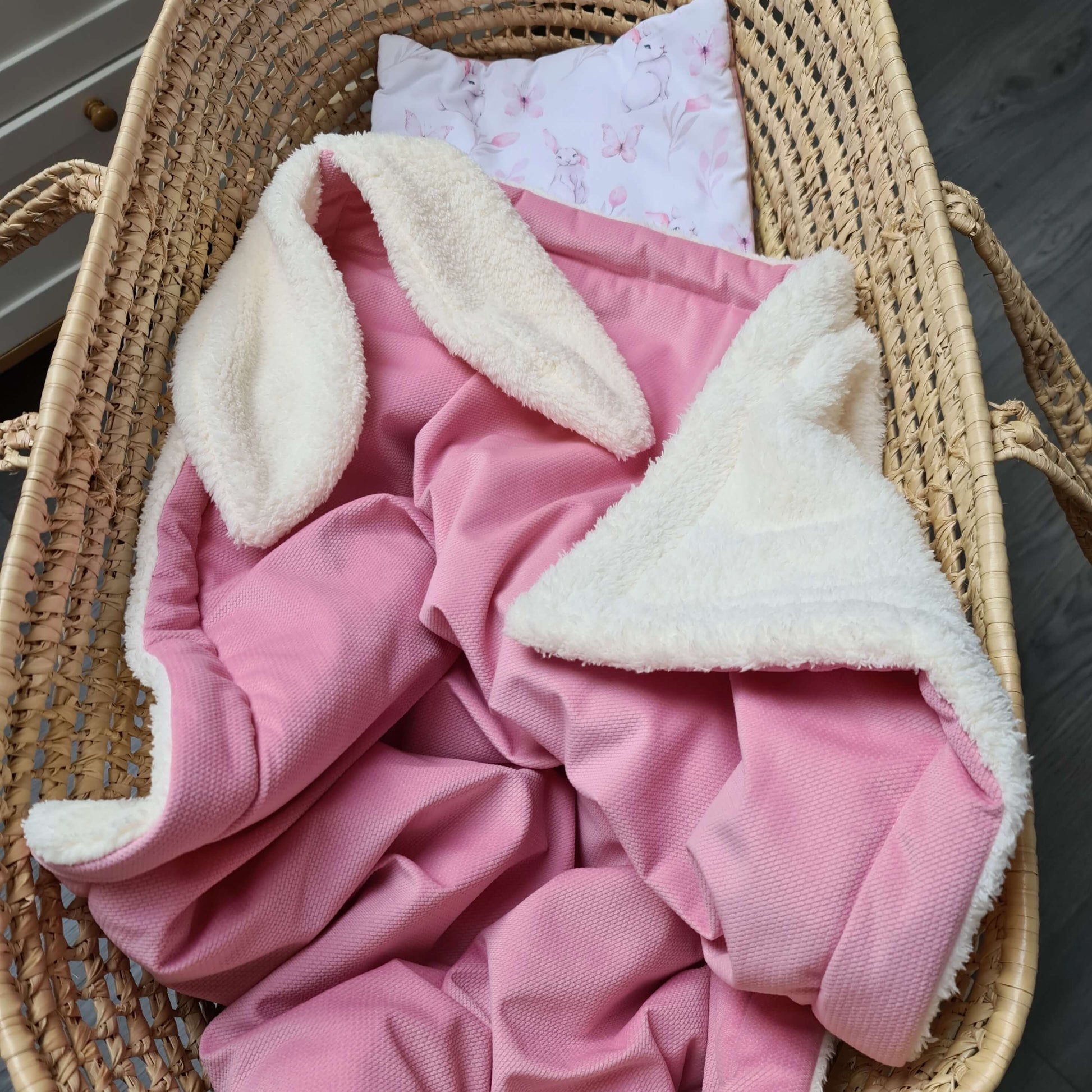 pink blanket for baby girl with bunny ears - cosy pacifier
